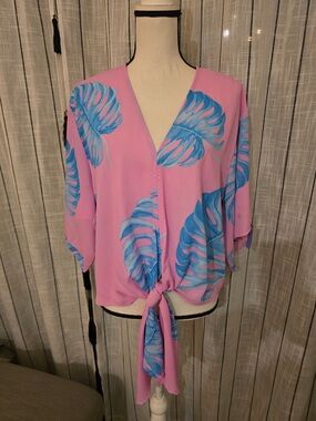 Adrienne Pink Tie-Front Blouse with Blue Leaf Motif